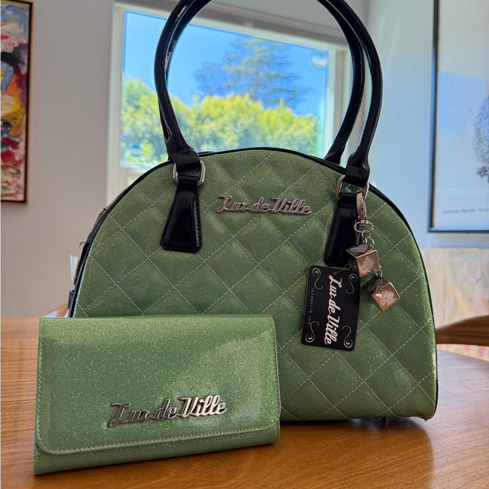 Lux de Ville Mint Quilted Bowling Bag and Wallet Set NWT